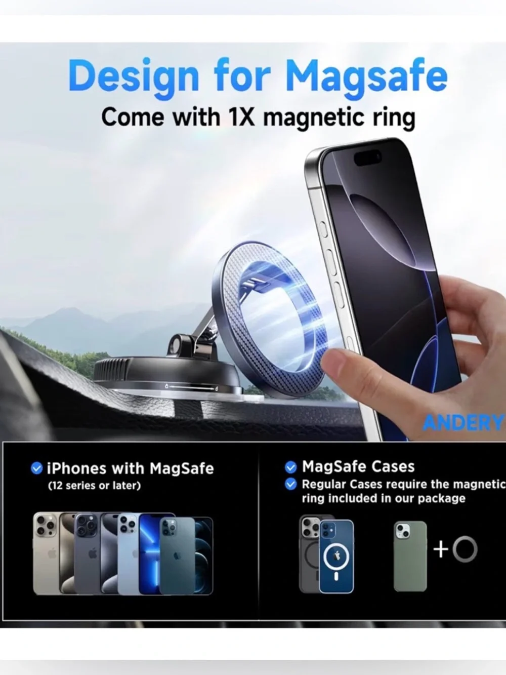 ANDERY N55 Super Strong Magnetic Phone Ring - Silver & Blue